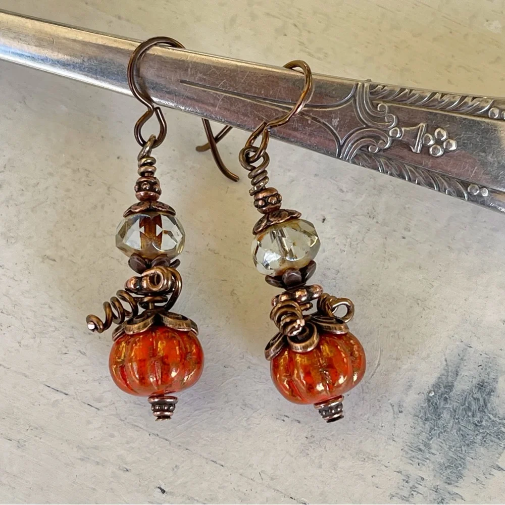 Hand Crafted “Cinderella’s Pumpkin” Dangle Earrings - Picture 2 of 11